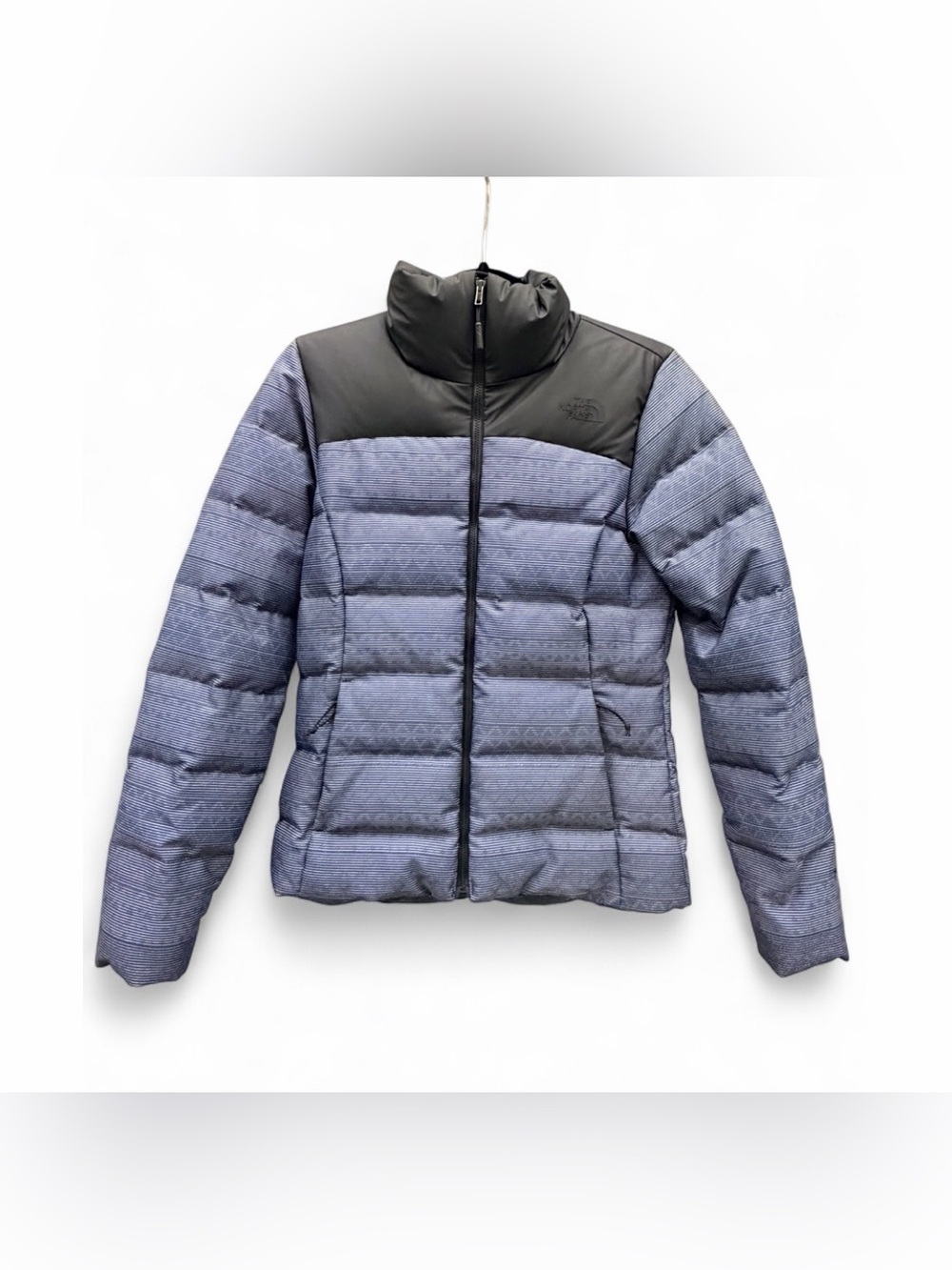 The North Face Women's Quilted Puffer Jacket in Blue White Black Geometric